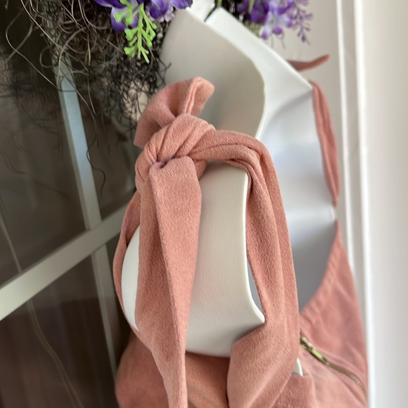 Empire Waist Mauve Pencil Style Open Mid Drift Shoulder Ties Dress Sz S - Picture 8 of 14